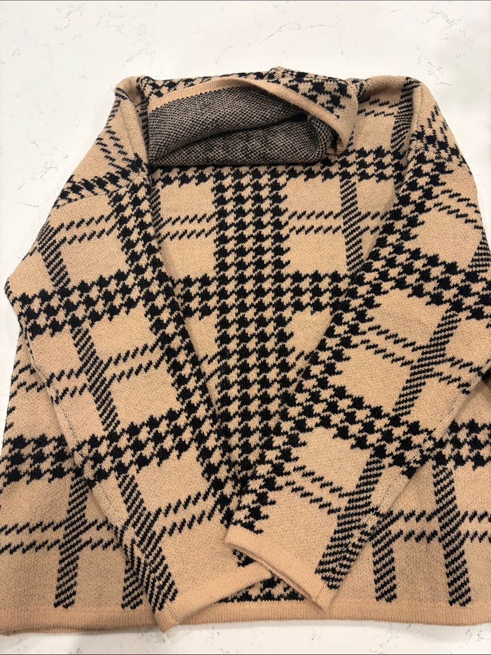 Gilli Beige and Black Plaid Cowl Neck Sweater